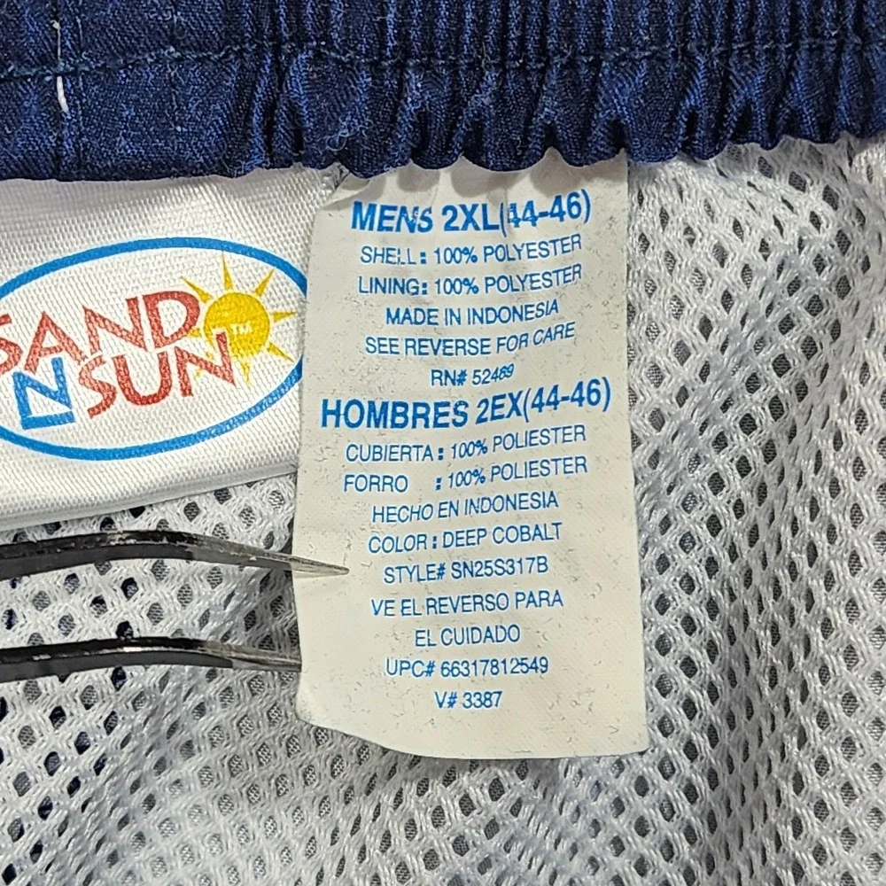 Sand N Sun Swim Trunks Mens 2XL Blue Palm Tree Hawaiian Lined Elastic Waist Surf